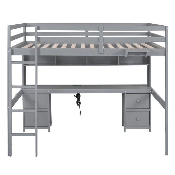 English Elm Full Size Loft Bed With Integrated Desk, Ample Storage, Charging Station & Stylish Gray Finish GX000334AAE