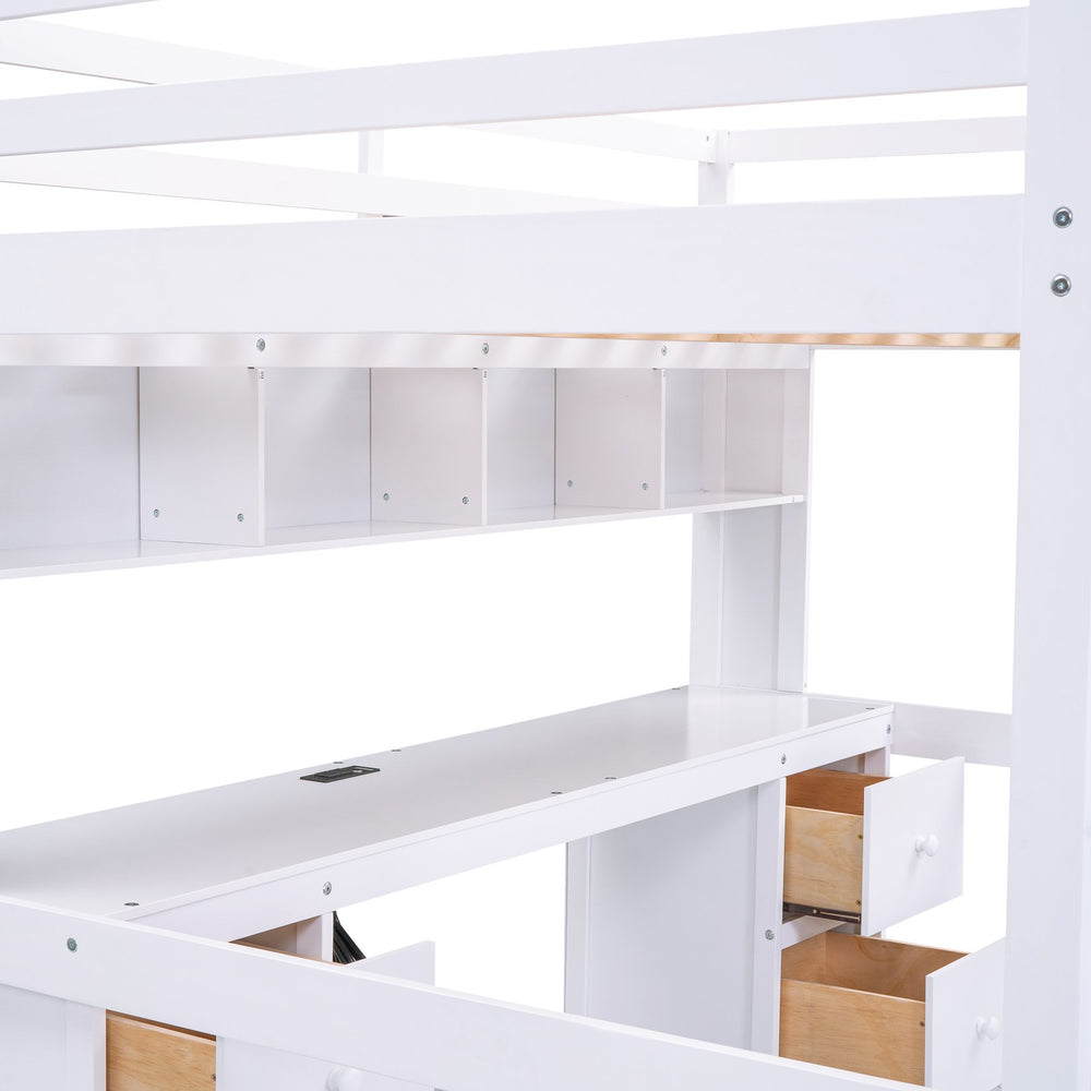 English Elm Full Size Loft Bed With Built-In Desk, Ample Storage, Charging Station & Stylish White Finish GX000334AAK-1