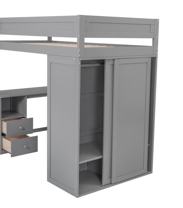 English Elm Wood Twin Loft Bed with Wardrobes & 2-Drawer Desk Cabinet Gray — Space-Saving Storage, Study Nook GX000332AAE