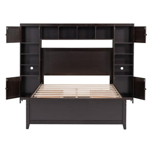 English Elm Full Platform Bed with Headboard Shelving Cabinets and Under Drawer Storage Unit Espresso LP000342AAP-1