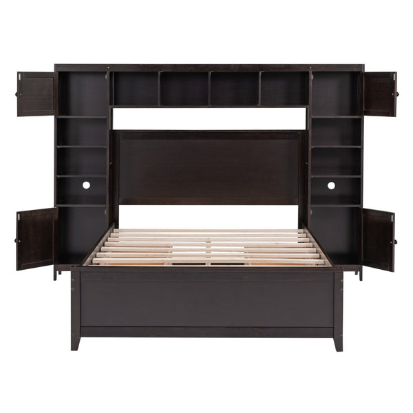 English Elm Full Platform Bed with Headboard Shelving Cabinets and Under Drawer Storage Unit Espresso LP000342AAP-1