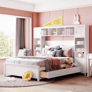 English Elm Full Platform Bed with Headboard Shelving Cabinets and Under Drawer Storage Unit White LP000342AAK-1
