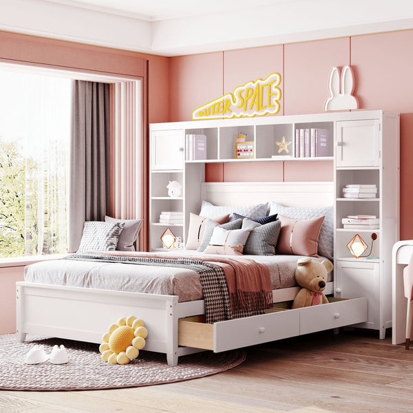 English Elm Full Platform Bed with Headboard Shelving Cabinets and Under Drawer Storage Unit White LP000342AAK-1