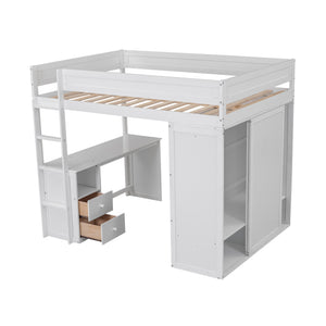 English Elm Wood Full Size Loft Bed with Integrated Wardrobe, 2-Drawer Desk & Cabinet for Space-Saving Rooms 78.4"L x 65"H White GX000333AAK