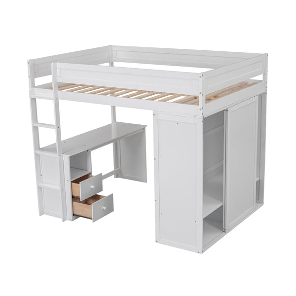 English Elm Wood Full Size Loft Bed with Integrated Wardrobe, 2-Drawer Desk & Cabinet for Space-Saving Rooms 78.4"L x 65"H White GX000333AAK