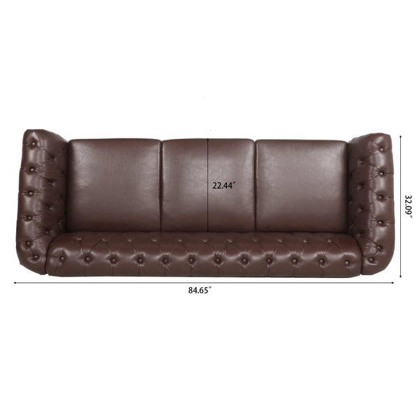 English Elm 84.65" Chesterfield Three Seater Sofa Pu Leather Tufted Rolled Arm Living Room Dark Brown W68035342