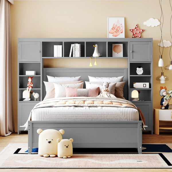 English Elm Full Platform Bed with Headboard Shelving Cabinets and Under Drawer Storage Unit Gray LP000342AAE-1
