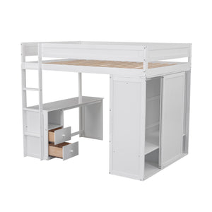 English Elm Wood Full Size Loft Bed with Integrated Wardrobe, 2-Drawer Desk & Cabinet for Space-Saving Rooms 78.4"L x 65"H White GX000333AAK