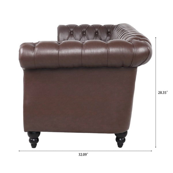 English Elm 84.65" Chesterfield Three Seater Sofa Pu Leather Tufted Rolled Arm Living Room Dark Brown W68035342