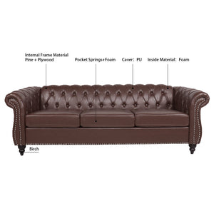 English Elm 84.65" Chesterfield Three Seater Sofa Pu Leather Tufted Rolled Arm Living Room Dark Brown W68035342