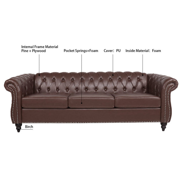 English Elm 84.65" Chesterfield Three Seater Sofa Pu Leather Tufted Rolled Arm Living Room Dark Brown W68035342