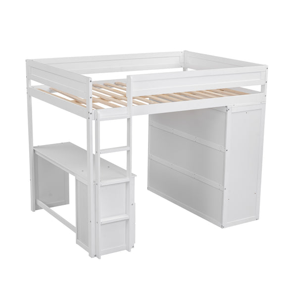 English Elm Wood Full Size Loft Bed with Integrated Wardrobe, 2-Drawer Desk & Cabinet for Space-Saving Rooms 78.4"L x 65"H White GX000333AAK