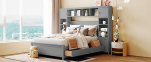 English Elm Full Platform Bed with Headboard Shelving Cabinets and Under Drawer Storage Unit Gray LP000342AAE-1