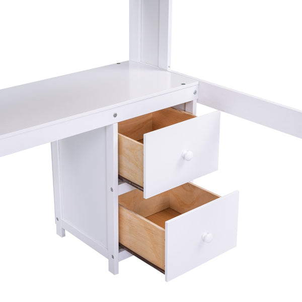 English Elm Full Size Loft Bed With Integrated Desk, Storage Cabinets, Charging Station, Modern White Design GX000334AAK