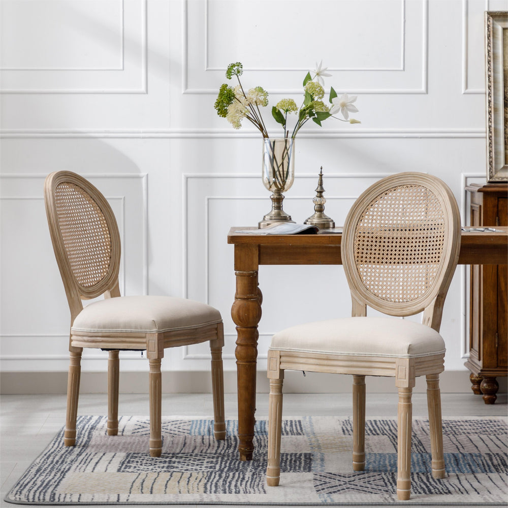 English Elm French Style Solid Wood Frame Dining Chairs Set Of 2 With Cream Linen & Rattan Back For Elegance W162278980
