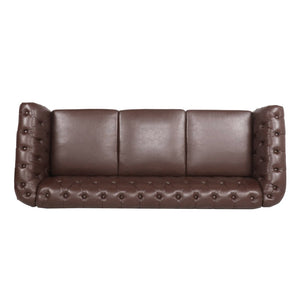 English Elm 84.65" Chesterfield Three Seater Sofa Pu Leather Tufted Rolled Arm Living Room Dark Brown W68035342