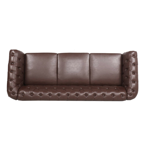 English Elm 84.65" Chesterfield Three Seater Sofa Pu Leather Tufted Rolled Arm Living Room Dark Brown W68035342