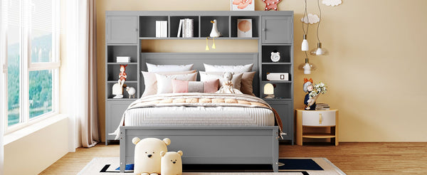 English Elm Full Platform Bed with Headboard Shelving Cabinets and Under Drawer Storage Unit Gray LP000342AAE-1