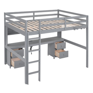 English Elm Full Size Loft Bed With Integrated Desk, Ample Storage, Charging Station & Stylish Gray Finish GX000334AAE
