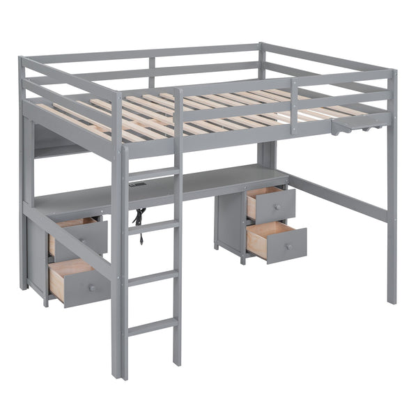 English Elm Full Size Loft Bed With Integrated Desk, Ample Storage, Charging Station & Stylish Gray Finish GX000334AAE