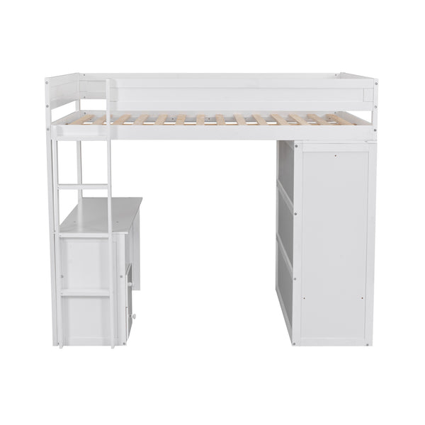 English Elm Wood Full Size Loft Bed with Integrated Wardrobe, 2-Drawer Desk & Cabinet for Space-Saving Rooms 78.4"L x 65"H White GX000333AAK