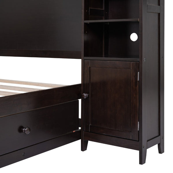 English Elm Full Platform Bed with Headboard Shelving Cabinets and Under Drawer Storage Unit Espresso LP000342AAP-1