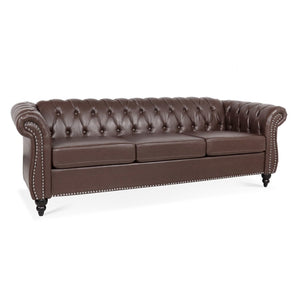 English Elm 84.65" Chesterfield Three Seater Sofa Pu Leather Tufted Rolled Arm Living Room Dark Brown W68035342
