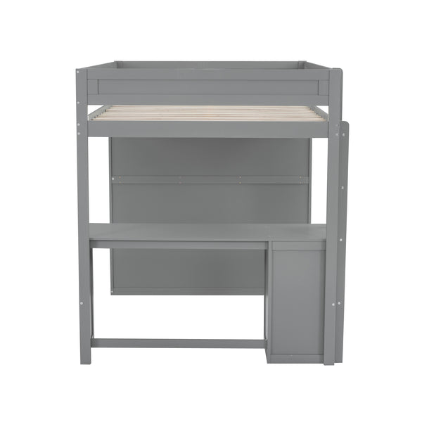English Elm Wood Full Size Loft Bed with Integrated Wardrobe, 2-Drawer Desk & Cabinet for Space-Saving Rooms 78.4"L x 65"H Gray GX000333AAE
