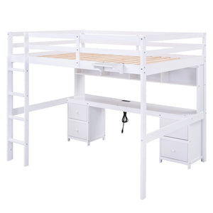 English Elm Full Size Loft Bed With Integrated Desk, Storage Cabinets, Charging Station, Modern White Design GX000334AAK
