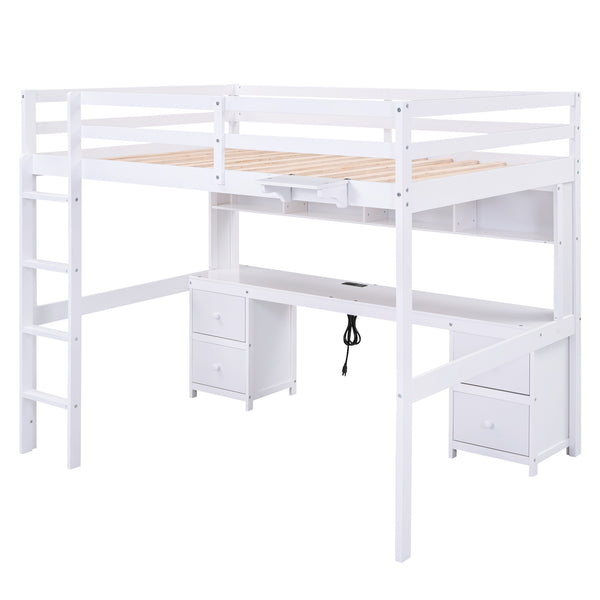 English Elm Full Size Loft Bed With Integrated Desk, Storage Cabinets, Charging Station, Modern White Design GX000334AAK