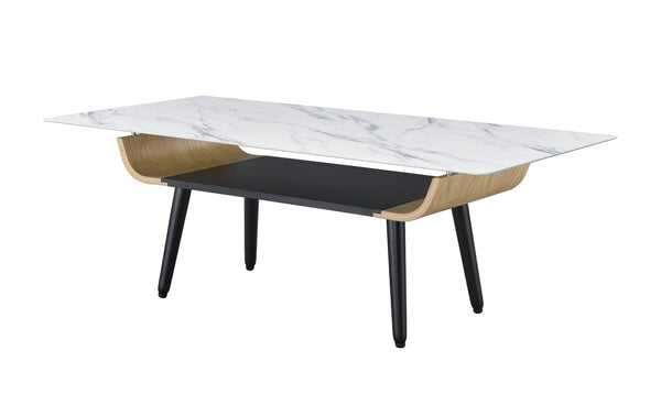 English Elm Landon Mid-century Coffee Table Marble Texture Glass Top Bent Wood Living Room White B061103279