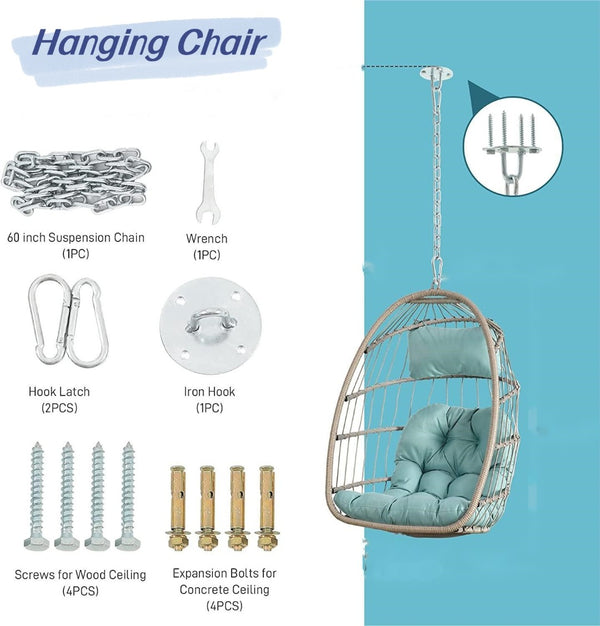 English Elm Outdoor Pe Rattan Egg Hanging Chair with Cushion Galvanized Steel Patio Swing W874107310