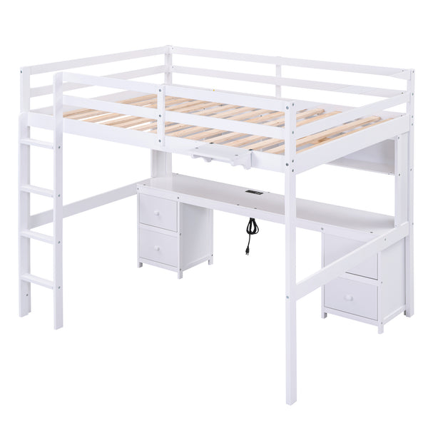 English Elm Full Size Loft Bed With Built-In Desk, Ample Storage, Charging Station & Stylish White Finish GX000334AAK-1