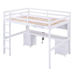English Elm Full Size Loft Bed With Integrated Desk, Storage Cabinets, Charging Station, Modern White Design GX000334AAK