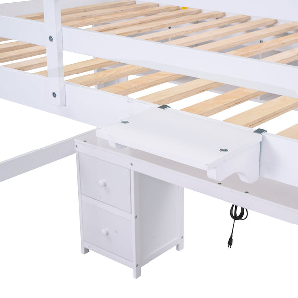 English Elm Full Size Loft Bed With Integrated Desk, Storage Cabinets, Charging Station, Modern White Design GX000334AAK