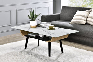 English Elm Landon Mid-century Coffee Table Marble Texture Glass Top Bent Wood Living Room White B061103279