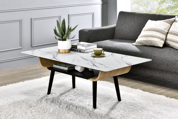 English Elm Landon Mid-century Coffee Table Marble Texture Glass Top Bent Wood Living Room White B061103279