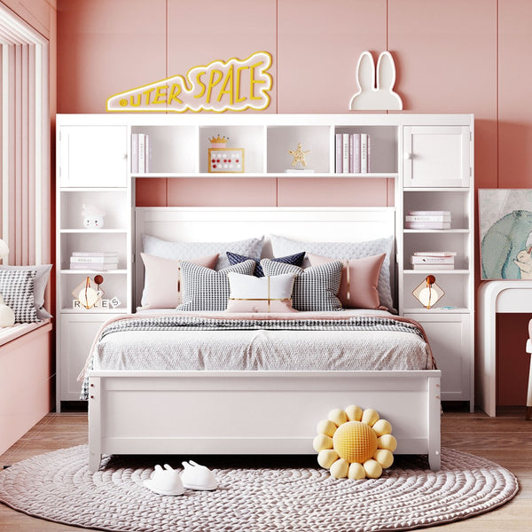 English Elm Full Platform Bed with Headboard Shelving Cabinets and Under Drawer Storage Unit White LP000342AAK-1
