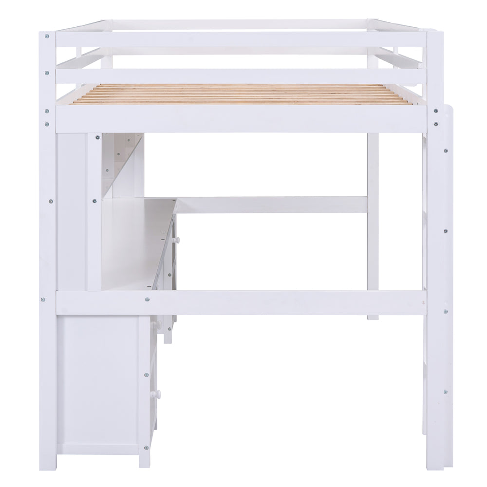 English Elm Full Size Loft Bed With Integrated Desk, Storage Cabinets, Charging Station, Modern White Design GX000334AAK