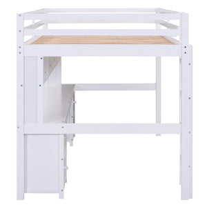 English Elm Full Size Loft Bed With Integrated Desk, Storage Cabinets, Charging Station, Modern White Design GX000334AAK