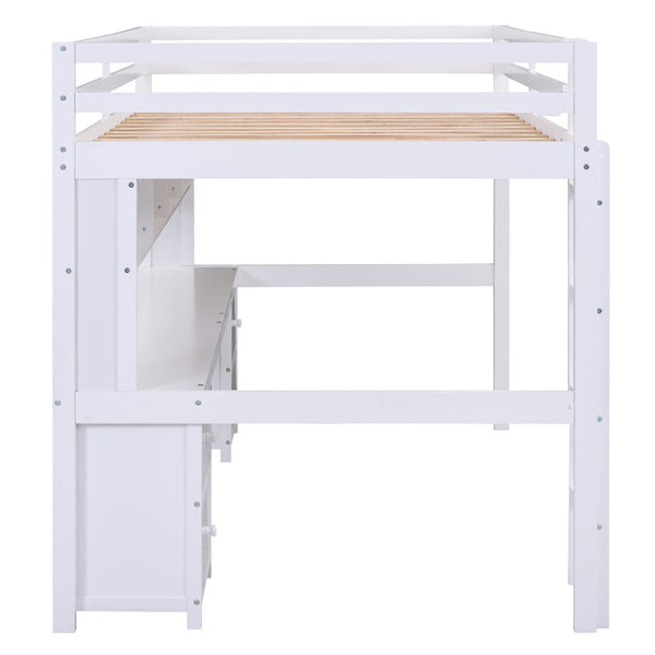 English Elm Full Size Loft Bed With Integrated Desk, Storage Cabinets, Charging Station, Modern White Design GX000334AAK