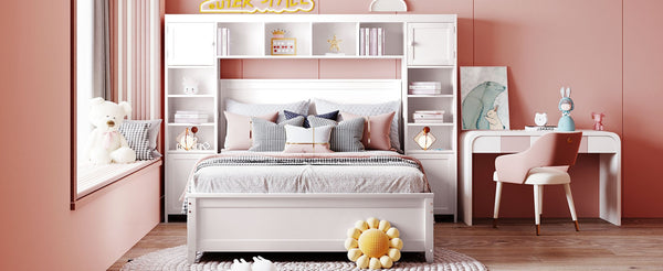 English Elm Full Platform Bed with Headboard Shelving Cabinets and Under Drawer Storage Unit White LP000342AAK-1