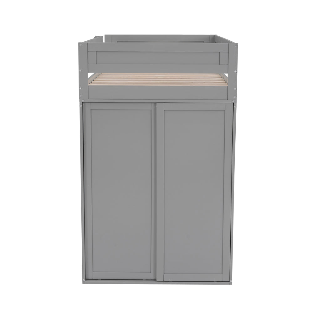 English Elm Wood Twin Loft Bed with Wardrobes & 2-Drawer Desk Cabinet Gray — Space-Saving Storage, Study Nook GX000332AAE