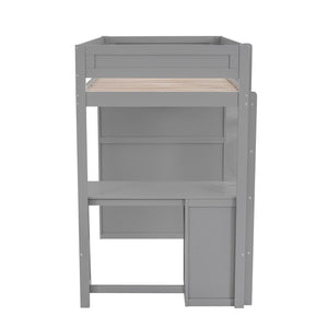 English Elm Wood Twin Loft Bed with Wardrobes & 2-Drawer Desk Cabinet Gray — Space-Saving Storage, Study Nook GX000332AAE