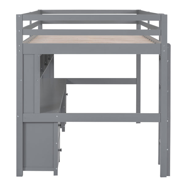English Elm Full Size Loft Bed With Integrated Desk, Ample Storage, Charging Station & Stylish Gray Finish GX000334AAE