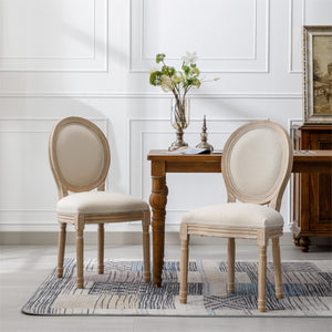English Elm French Style Solid Wood Frame Dining Chairs Set Of 2 - Cream Linen Oval Back For Elegant Dining W162278981