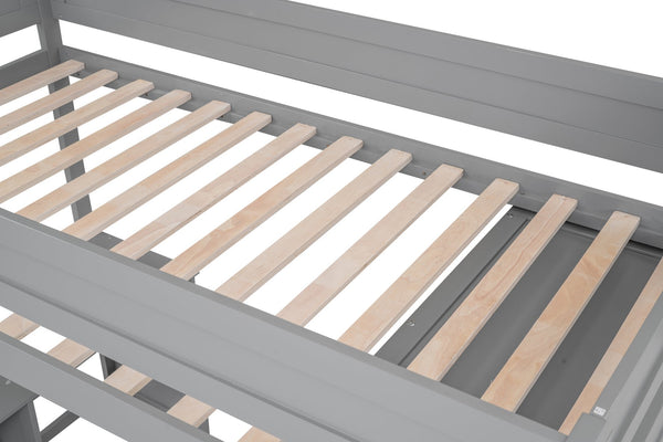 English Elm Wood Twin Loft Bed with Wardrobes & 2-Drawer Desk Cabinet Gray — Space-Saving Storage, Study Nook GX000332AAE