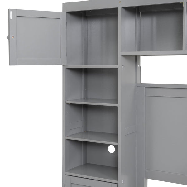English Elm Full Platform Bed with Headboard Shelving Cabinets and Under Drawer Storage Unit Gray LP000342AAE-1