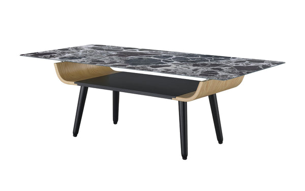 English Elm Landon Mid-century Coffee Table Marble Texture Glass Top Bent Wood Living Room Black B061103280