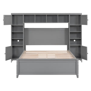 English Elm Full Platform Bed with Headboard Shelving Cabinets and Under Drawer Storage Unit Gray LP000342AAE-1